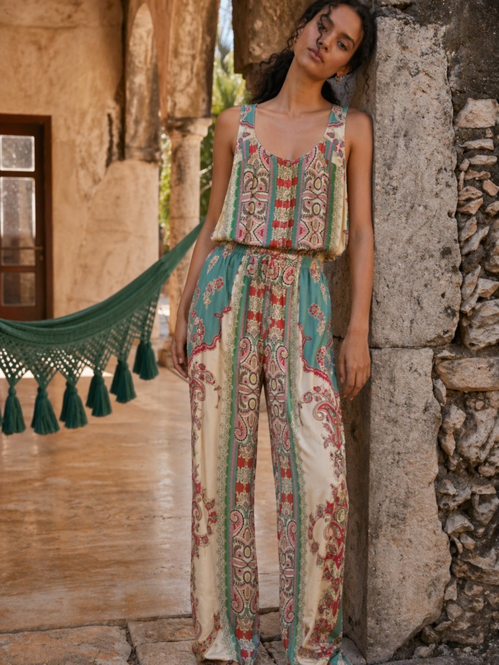 Johnny Was Bohemian Printed Silk Tank Jumpsuit in Teal and Cream
